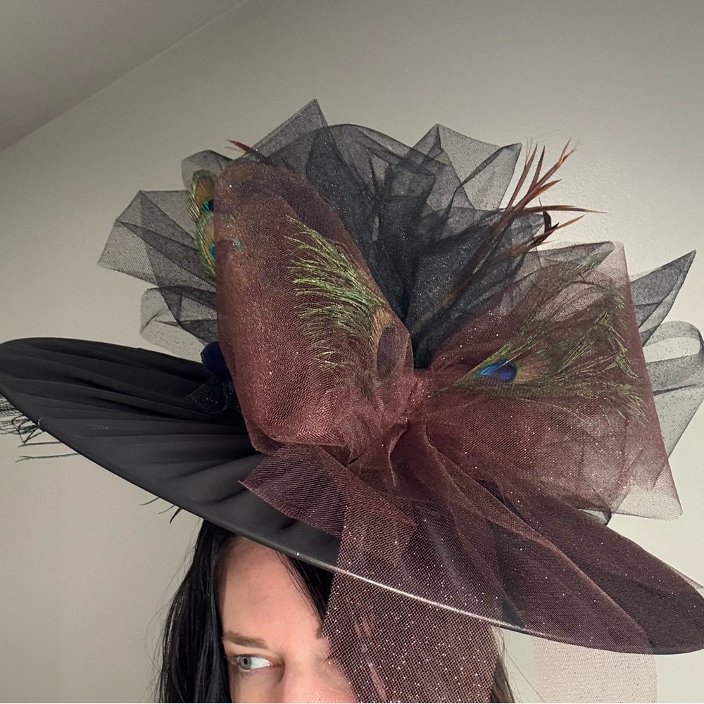 Elegant Black and Brown Fascinator with Peacock Feathers Kentucky Derby Hat